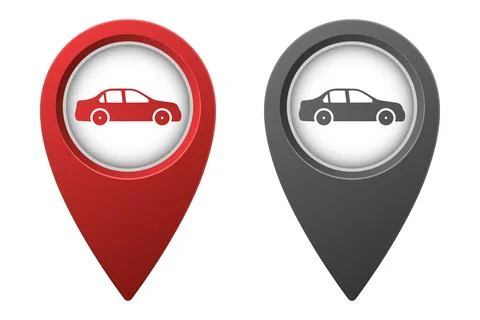 Active red and inactive gray map pointer or marker with car icon Stock Illustration
