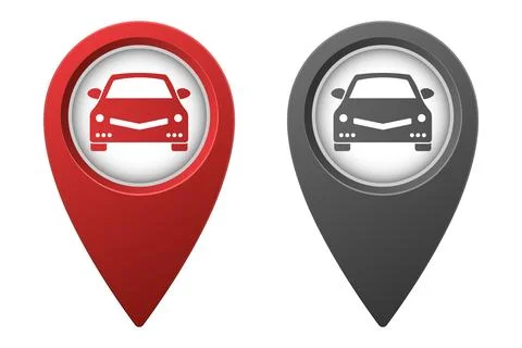 Active red and inactive gray map pointer or marker with car icon Stock Illustration