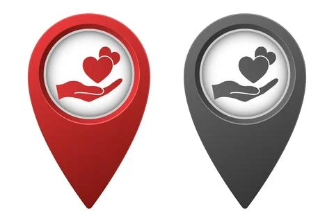 Active red and inactive gray map pointer or marker with hearts in hand icon Stock Illustration