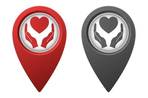 Active red and inactive gray map pointer or marker with heart in hands icon Stock Illustration