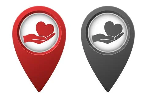 Active red and inactive gray map pointer or marker with heart in hand icon Stock Illustration