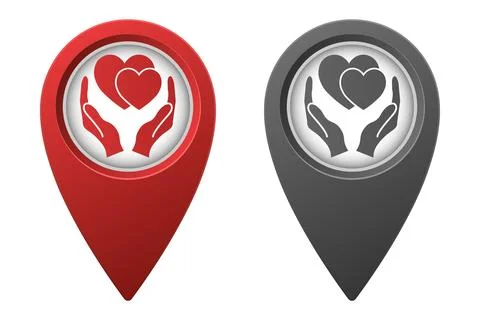 Active red and inactive gray map pointer or marker with hearts in hands icon Stock Illustration