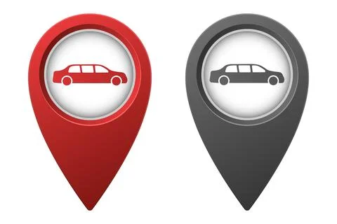 Active red and inactive gray map pointer or marker with limousine car icon Stock Illustration