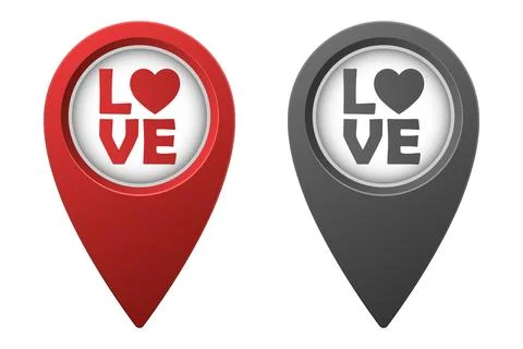 Active red and inactive gray map pointer or marker with love icon Stock Illustration
