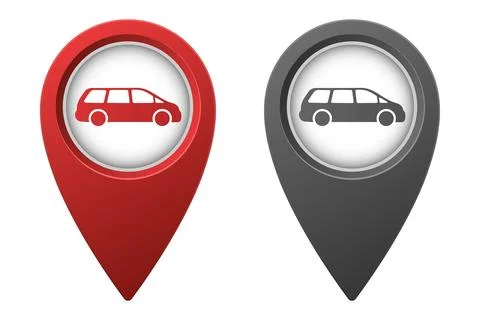 Active red and inactive gray map pointer or marker with minivan car icon Stock Illustration