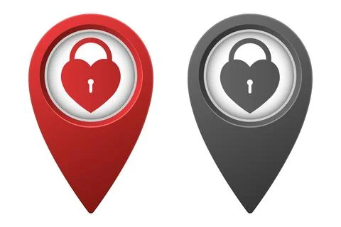 Active red and inactive gray map pointer or marker with locked heart icon Stock Illustration