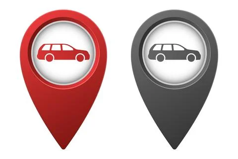 Active red and inactive gray map pointer or marker with minivan car icon Stock Illustration