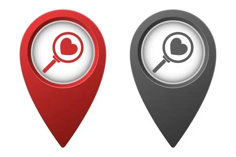 Active red and inactive gray map pointer or marker with search love icon Stock Illustration