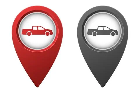 Active red and inactive gray map pointer or marker with pickup car icon Stock Illustration