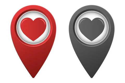 Active red and inactive gray map pointer or marker with simple heart icon Stock Illustration