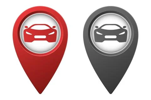 Active red and inactive gray map pointer or marker with sports car icon Stock Illustration