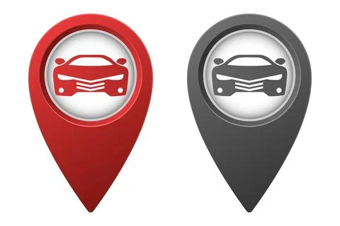 Active red and inactive gray map pointer or marker with sports car icon Ilustração Stock