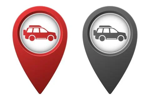 Active red and inactive gray map pointer or marker with SUV car icon Stock Illustration