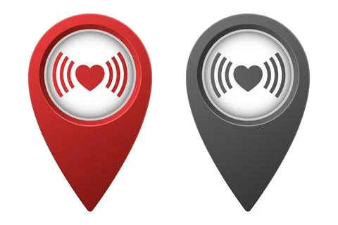Active red and inactive gray map pointer or marker with wifi heart icon Stock Illustration