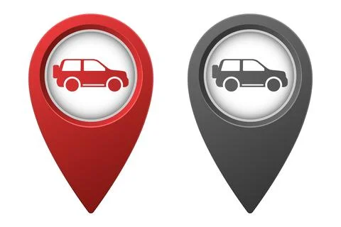 Active red and inactive gray map pointer or marker with SUV car icon Stock Illustration