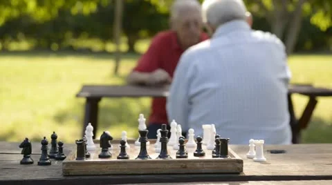 Active retired people, two old friends playing chess at park Stock Footage 13771083