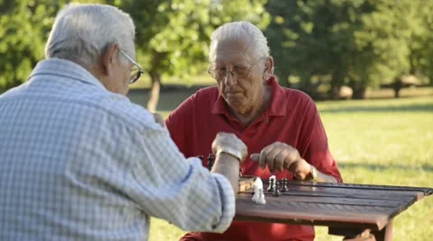 Active retired people, two senior friends playing chess at park Stock Footage