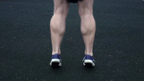 Active senior Caucasian man jumping on place for training calves. 動画素材 121029233