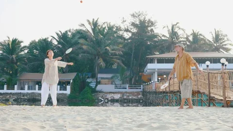 Active senior couple playing tai chi ballon ball. Stock Footage 99073181