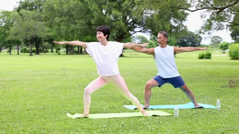 Active Senior Japanese Couple Practicing Yoga Together in Green Park Stock Footage 344032272