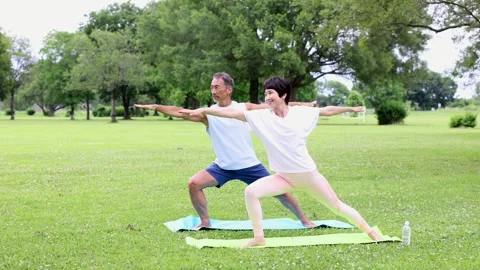 Active Senior Japanese Couple Practicing Yoga Together in Green Park Stock-Footage 344032512