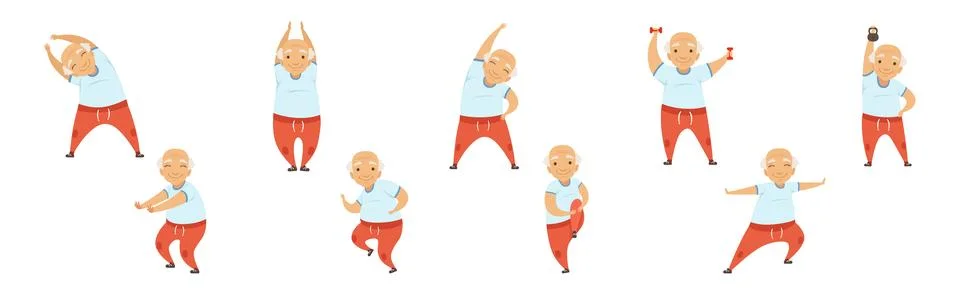 Active Senior Man Do Physical and Sport Exercise Vector Set Stock Illustration