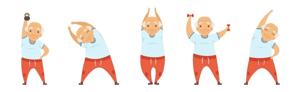 Active Senior Man Do Physical and Sport Exercise Vector Set Stock Illustration