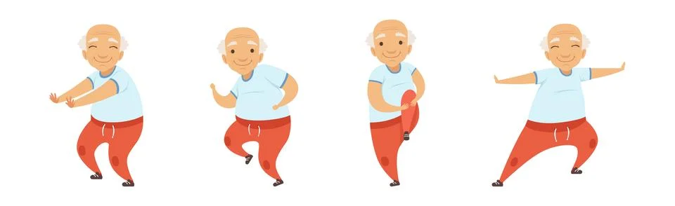 Active Senior Man Do Physical and Sport Exercise Vector Set Stock Illustration