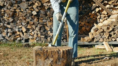 Active Senior Man Swings an Axe into a Tree Stump Stock Footage 84291701