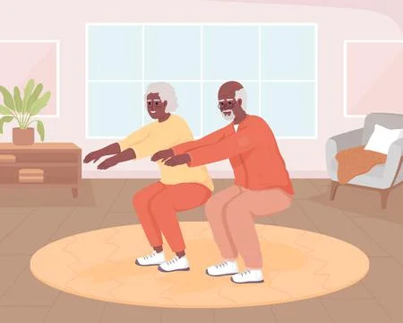 Active seniors doing squats at home flat color vector illustration Stock Illustration