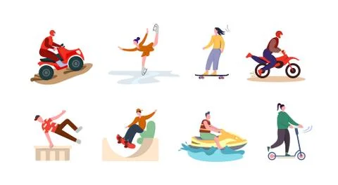 Active sport set. The character is engaged in extreme ATV driving figure skating Illustrazione stock