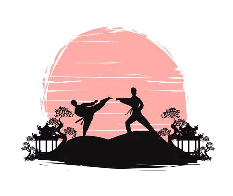 Active tae kwon do martial arts fighters combat fighting and kicking sport si Stock Illustration