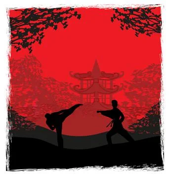 Active tae kwon do martial arts fighters combat fighting and kicking sport si Stock Illustration