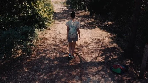 Active track, drone flying behind the young girl walking in the woods Stock Footage 93220128