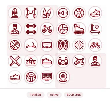 Active Vector Icon Collection with 28 64x64 Bold Line Designs Stock Illustration