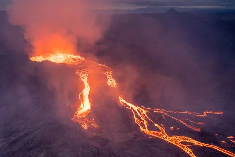 Active volcano aerial view, Mount Fagradalsfjall, Iceland Stock Photos