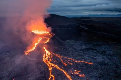 Active volcano aerial view, Mount Fagradalsfjall, Iceland Stock Photos