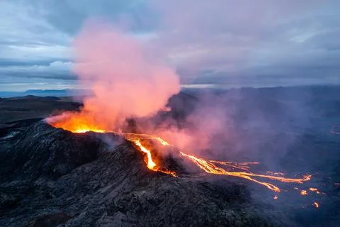 Active volcano aerial view, Mount Fagradalsfjall, Iceland Stock Photos