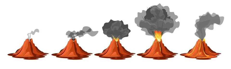 Active volcano animation. Time lapse red hot lava eruption process, natural Stock Illustration