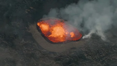 Active Volcano Crater with Boiling Magma Lake Aerial View Stock Footage 322179927