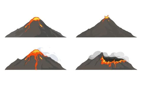 Active Volcano Eruption Scene With Lava Flow And Smoke Stock Illustration