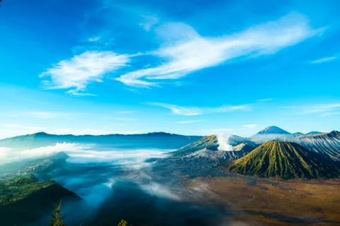The active volcano of Mount Bromo during sunrise 스톡 사진