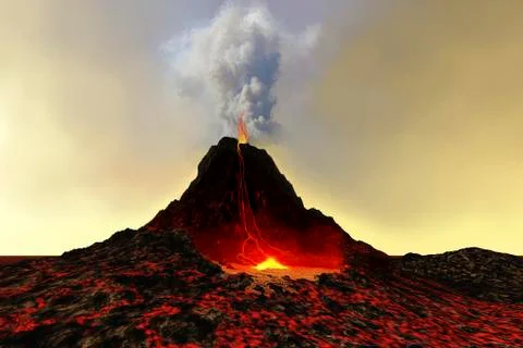 An active volcano spews out hot red lava and smoke. Stock Illustration