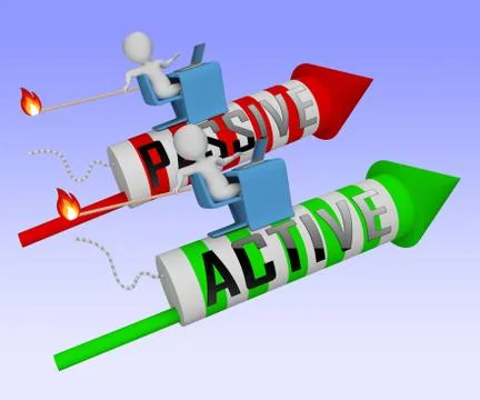 Active Vs Passive Rockets Show Positive Attitude 3d Illustration Illustrazione stock