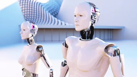 Active Walk of Two 3d Characters with Ai in Abstract Concept Innovation Futurity Stock Footage 114803214