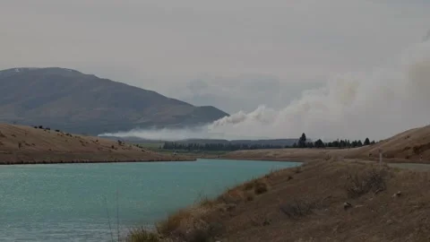 Active wildfire at Pukaki Downs, New Zealand in September 2023; hydro Stock Footage 251873315