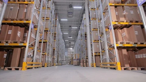Active work in the warehouse, Large modern warehouse, industrial interior Видео 125691540