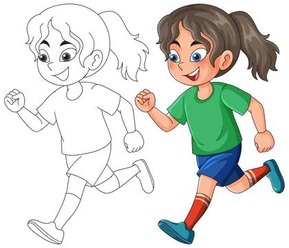 Active Young Girl Running Vector Character with Coloring Book Template 스톡 일러스트