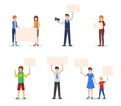 Activists with empty placards flat illustrations Stock Illustration