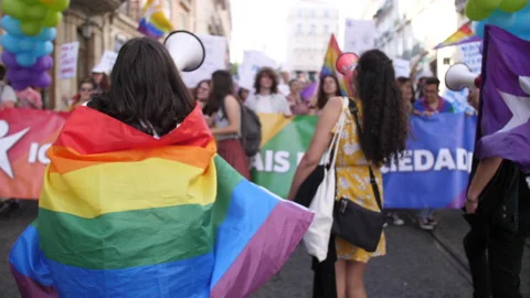 Activists with megaphone on lgbt pride parade Lisbon slow motion 4k Stock-Footage 138286053
